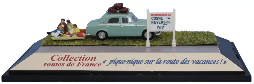 Peugeot 403 verde, portapacchi, 3 valigie, palco da picnic e parete Michelin N7 - Sai 1991 - HO 1/87