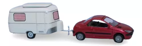 Peugeot 206 coupé rosso Lucifero metallizzato + caravan Eriba Pan - SAI 1431 - HO 1/87