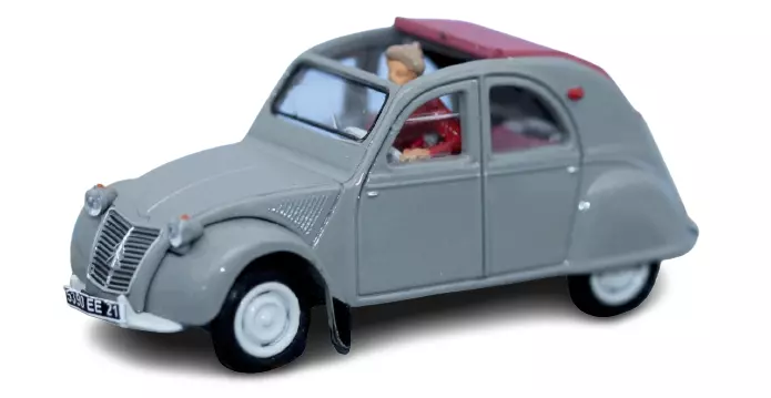 Véhicule Citroën 2CV AZLP grise, capote aperta, un personaggio, SAI 1605 HO 1/87