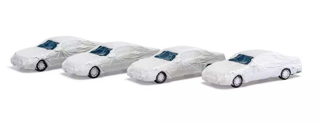 Set di 4 auto di alta gamma sotto telone bianco HEIKO Modell HC2100 - HO 1/87