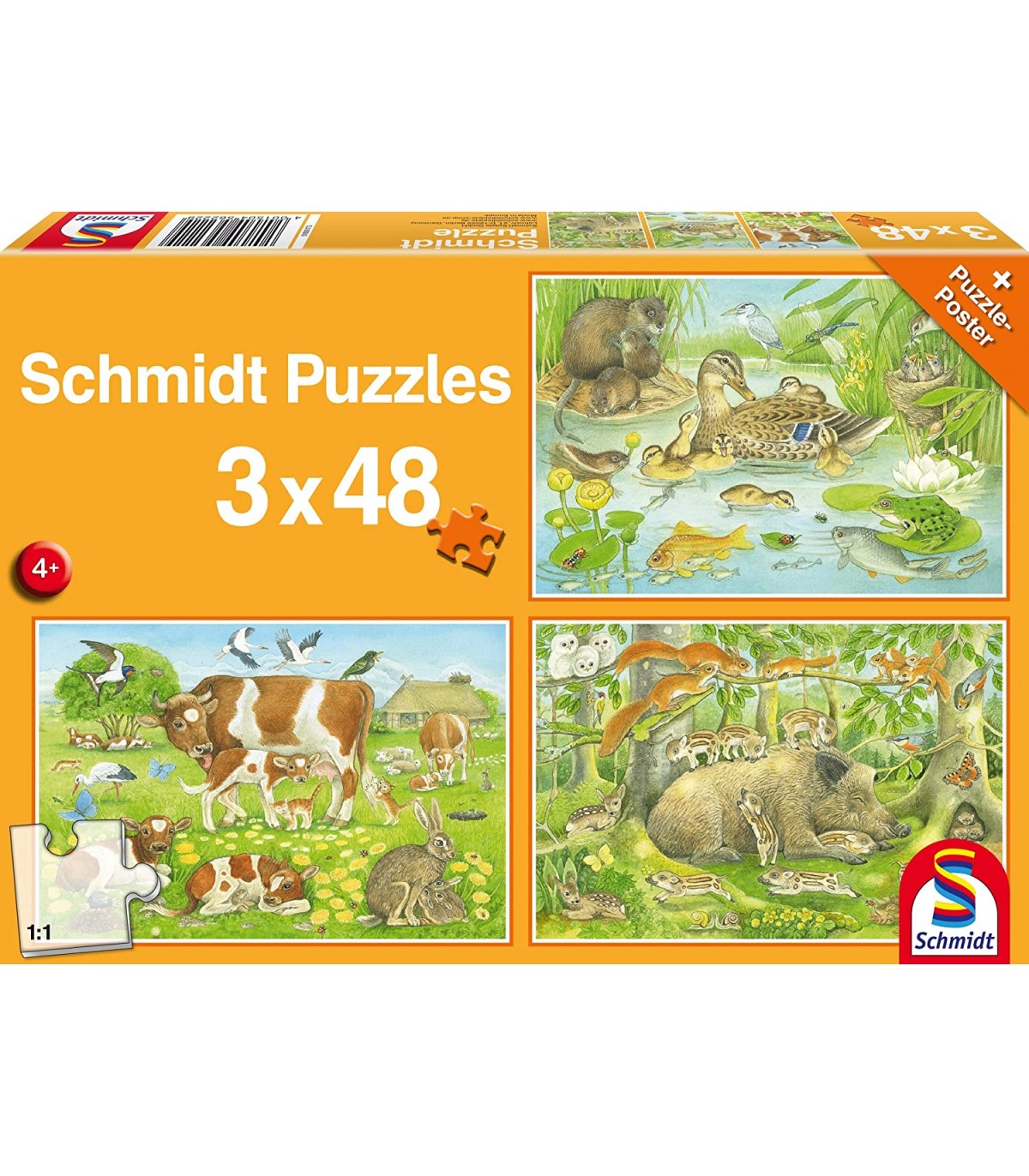3 Puzzle da 48 Pezzi - Famiglie Animali