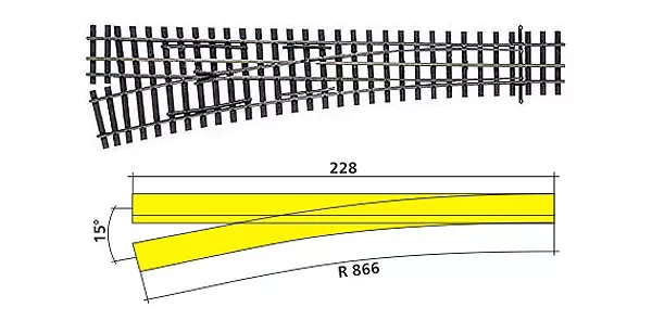 HO-HOe 228 mm 15° deviatoio sinistro