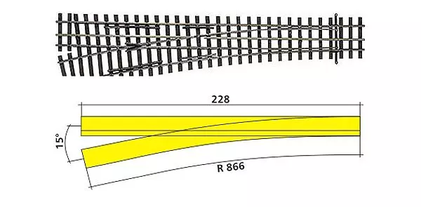 Aiguillage à gauche HO-HOm 228mm 15°
