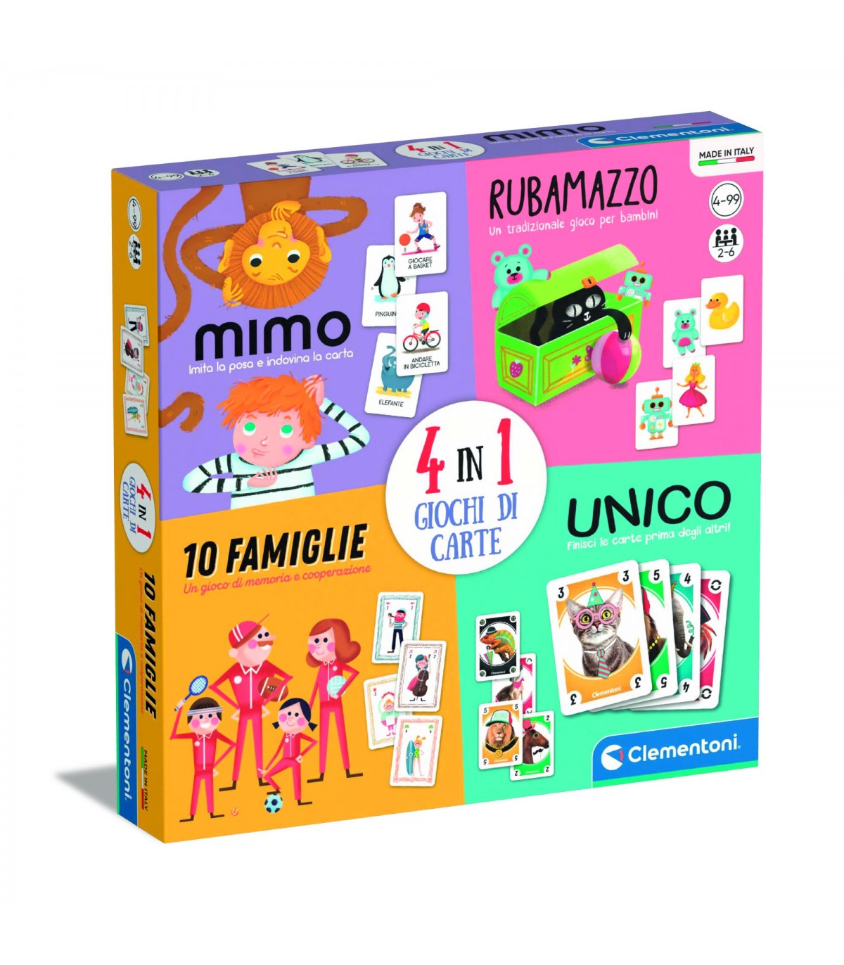 4in1 Gioco di Carte Mimo, Unico, Rubamazzo, 10 Famiglie