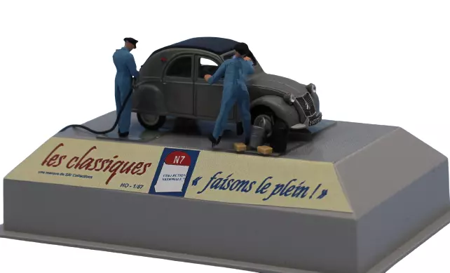 Citroën 2cv AZLP grigia, 2 pompisti e accessori SAI 1912 - HO 1/87