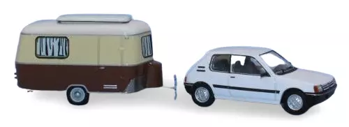 Peugeot 205 XR bianco ghiaccio con roulotte Eriba Pan - SAI 1424 - HO 1/87