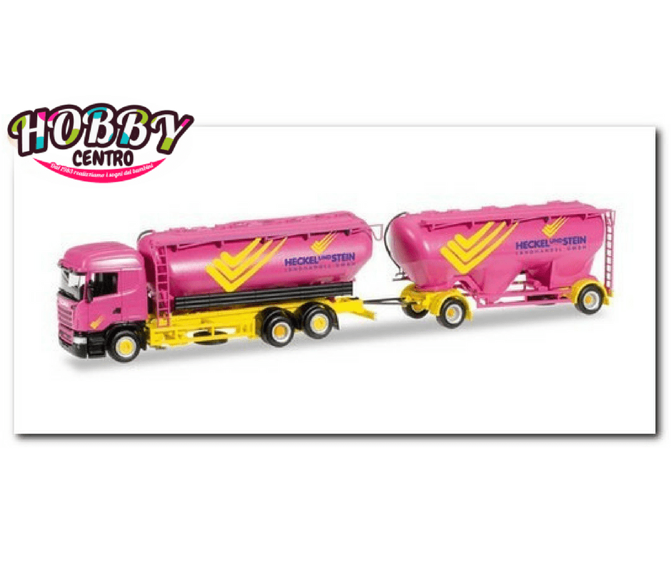Herpa 305594 - Scania R HL rimorchio silo di ghiaccio in rosa-giallo "Heckel & Stein".