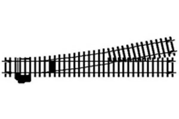 Deviatoio lungo a sinistra lungo 245 mm e con raggio di 852 mm, arco di 11,25°.