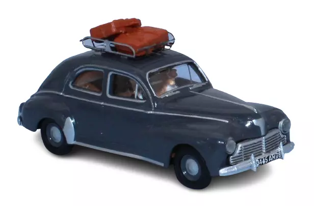 Peugeot 203 grigio antracite, portapacchi, 2 valigie, un conducente e un passeggero - Sai 1721 - HO 1/87