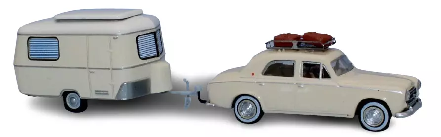 Peugeot 403 avorio con roulotte Eriba, portapacchi, 2 valigie, un conducente e un passeggero - Sai 1826 - HO 1/87