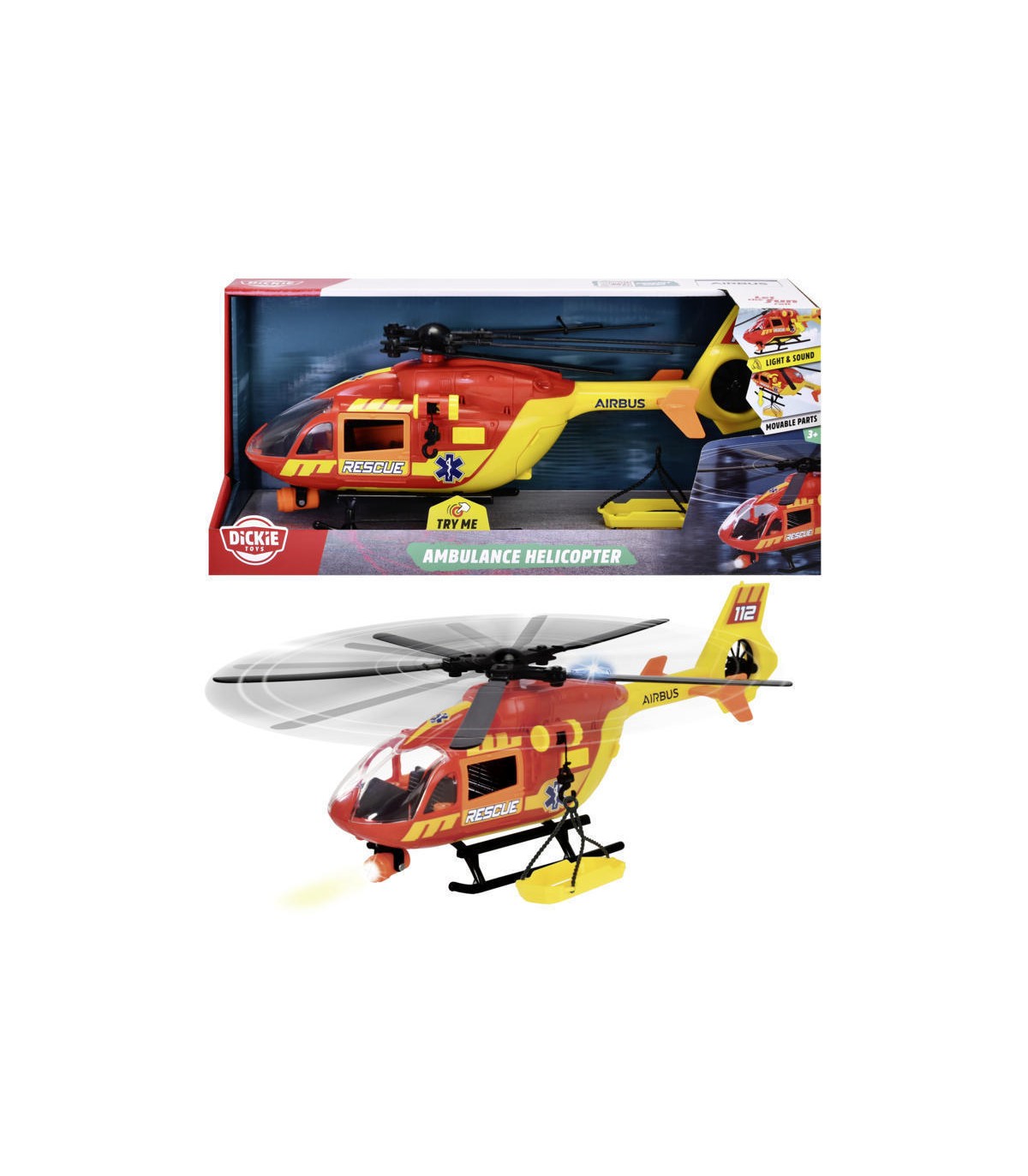 Dickie Elicottero Ambulanza 36 cm Luci e Suoni Elica a Carica Argano Manuale