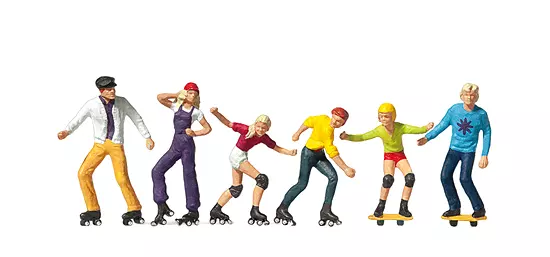Confezione da 6 personaggi con pattini a rotelle e tavole da skate - Figurina - PREISER 10074 - Scala HO : 1/87th