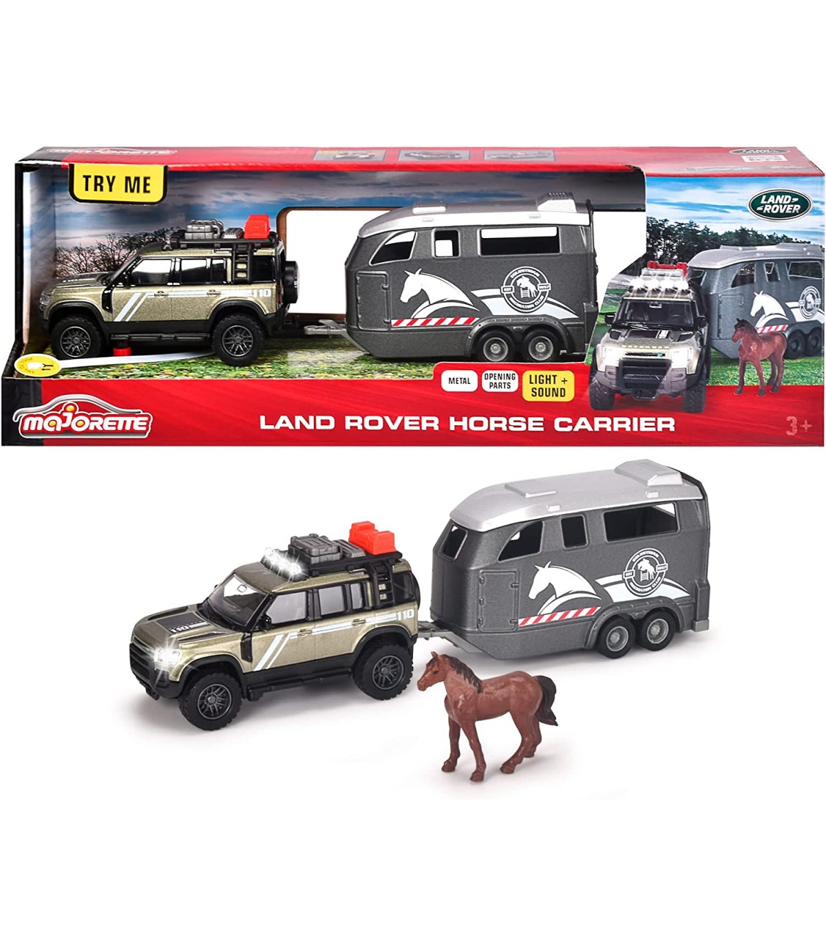 Majorette - Grand Series Land Rover 25 cm con Rimorchio per Cavalli, Luci e Suoni