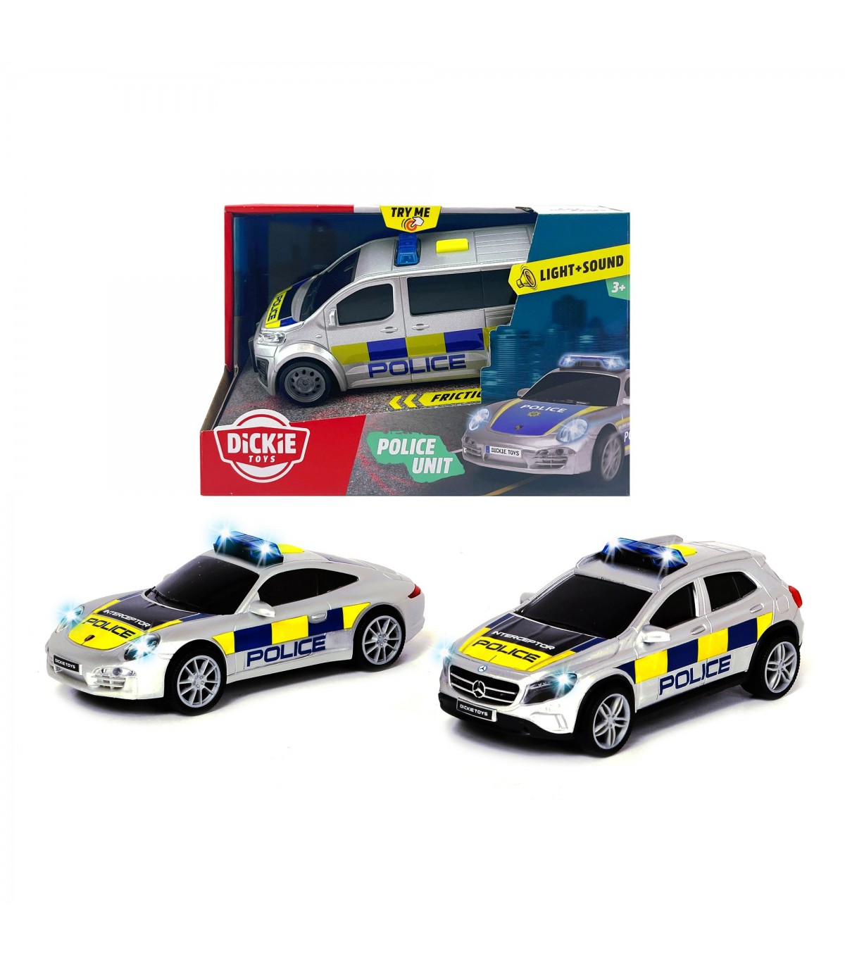 Police Unit, 3-asst. cm. 15, scala 1:32, luci e suoni, try me. L'assortimento comprende 3 Porsche, 2