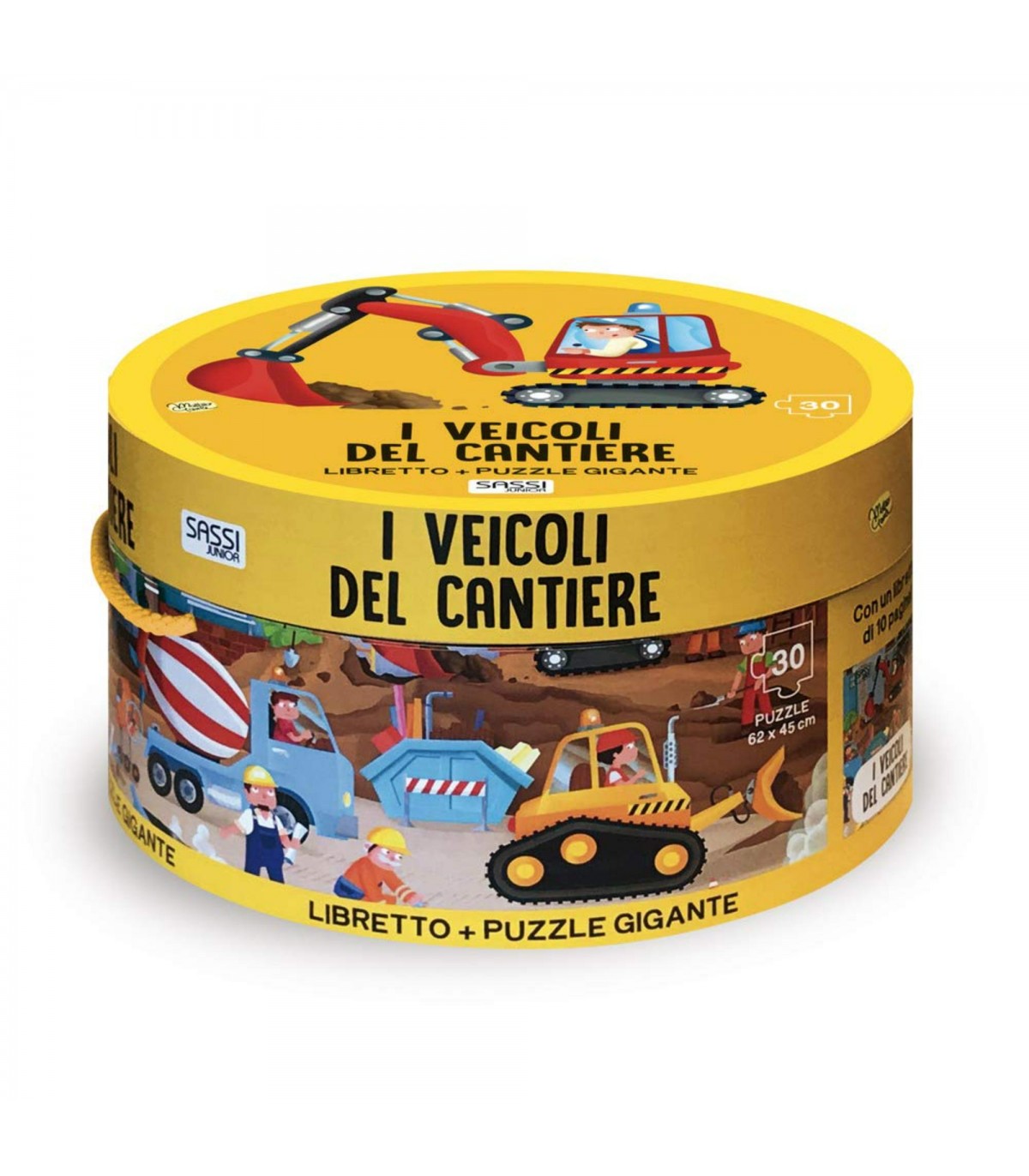 Puzzle da 30 Pezzi - I Veicoli del Cantiere (Puzzle Scatola Tonda e Libro)
